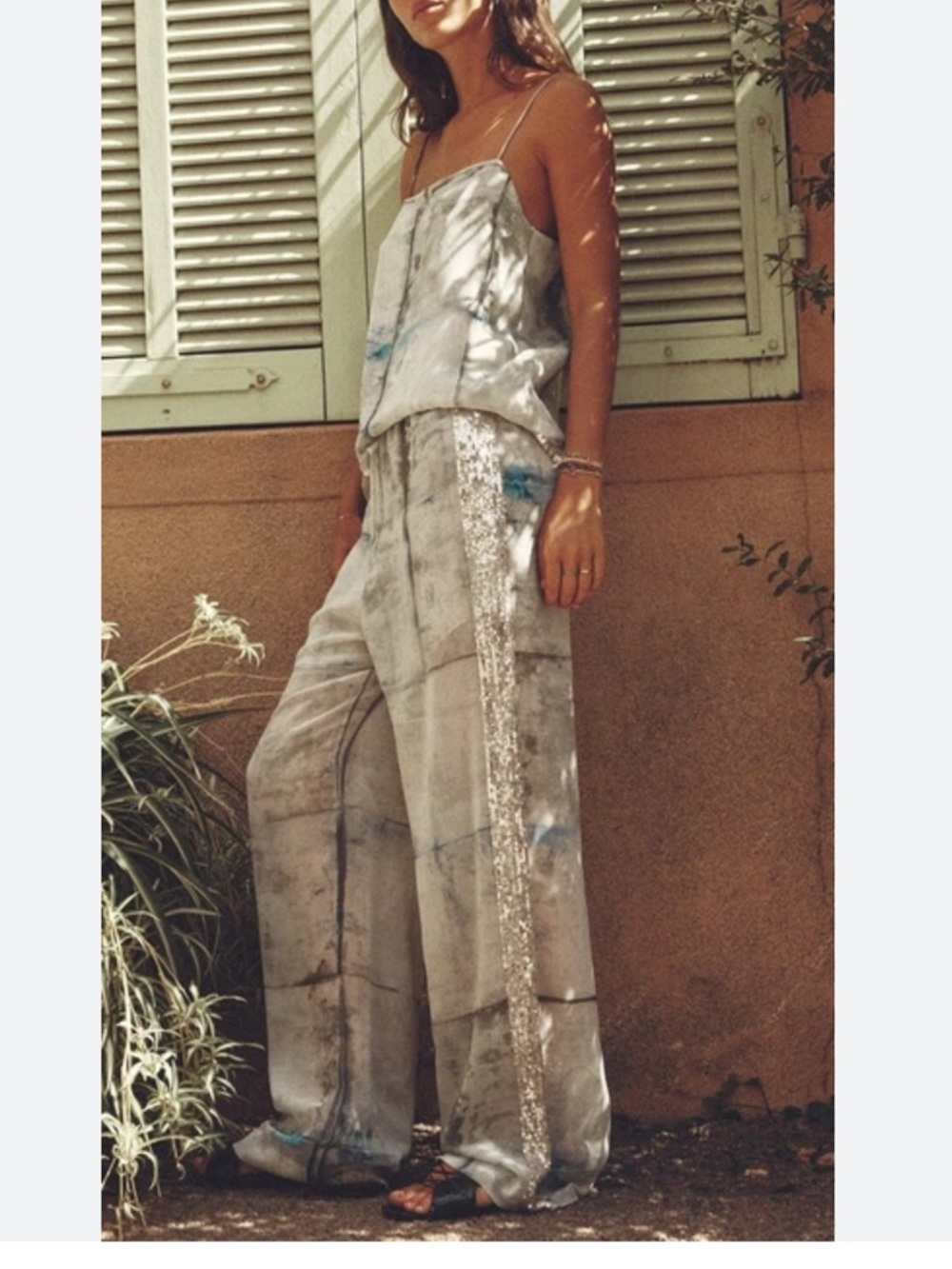 Zara Silver-Gray Wide-Leg Pants with Sequin Side Stripe (Top S and Pants M)